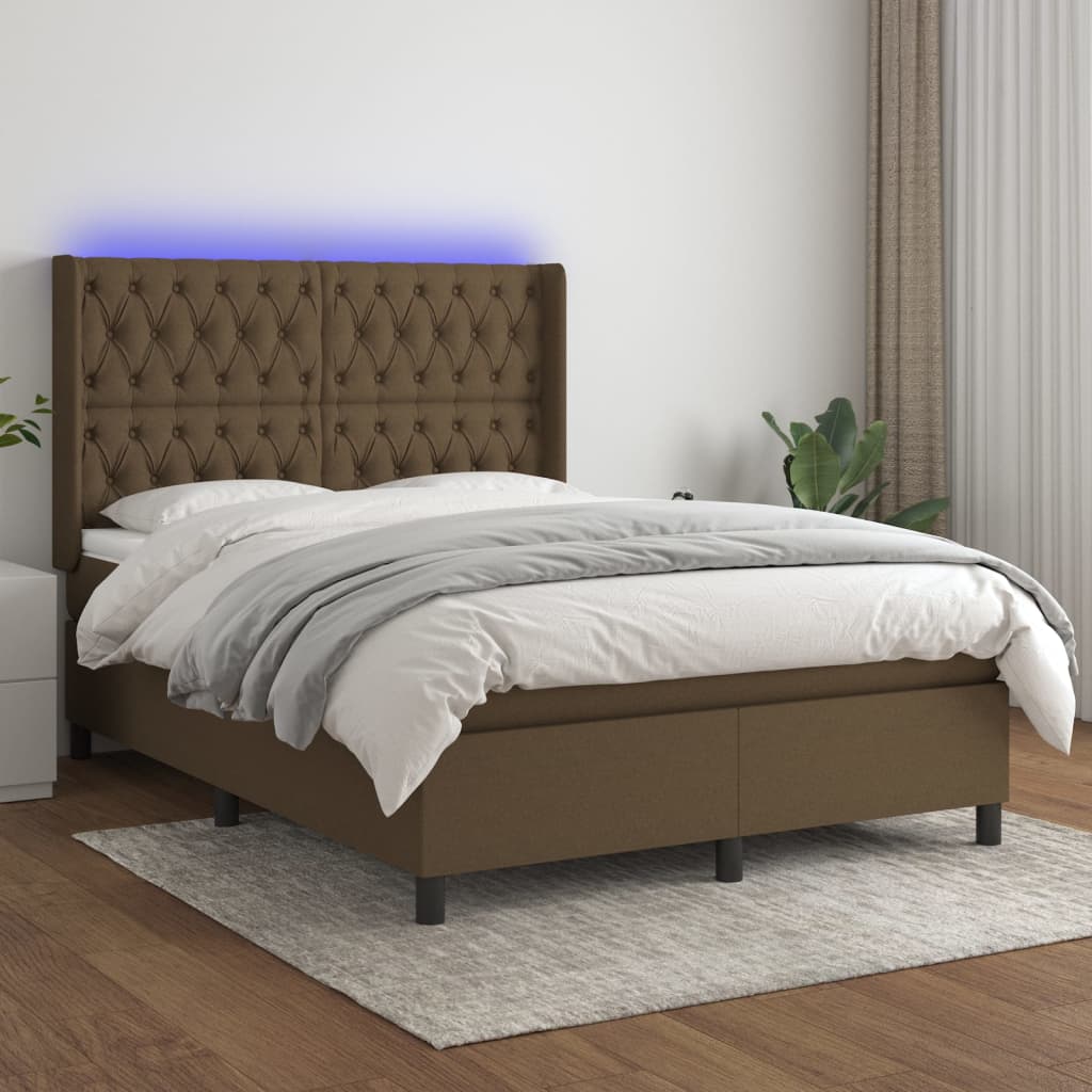 vidaXL Pat cu arcuri, saltea și LED, maro închis, 140x190 cm, textil vidaXL Pat cu arcuri, saltea și LED, maro închis, 140x190 cm, textil