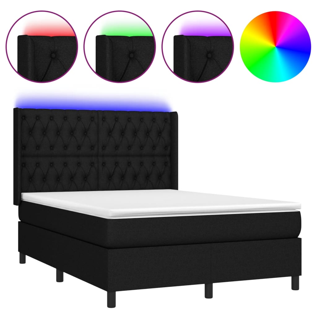 vidaXL Pat cu arcuri, saltea și LED, negru, 140x200 cm, textil vidaXL Pat cu arcuri, saltea și LED, negru, 140x200 cm, textil