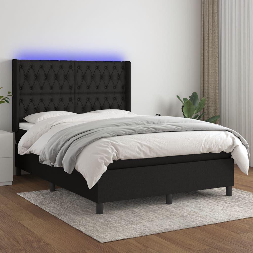 vidaXL Pat cu arcuri, saltea și LED, negru, 140x200 cm, textil vidaXL Pat cu arcuri, saltea și LED, negru, 140x200 cm, textil