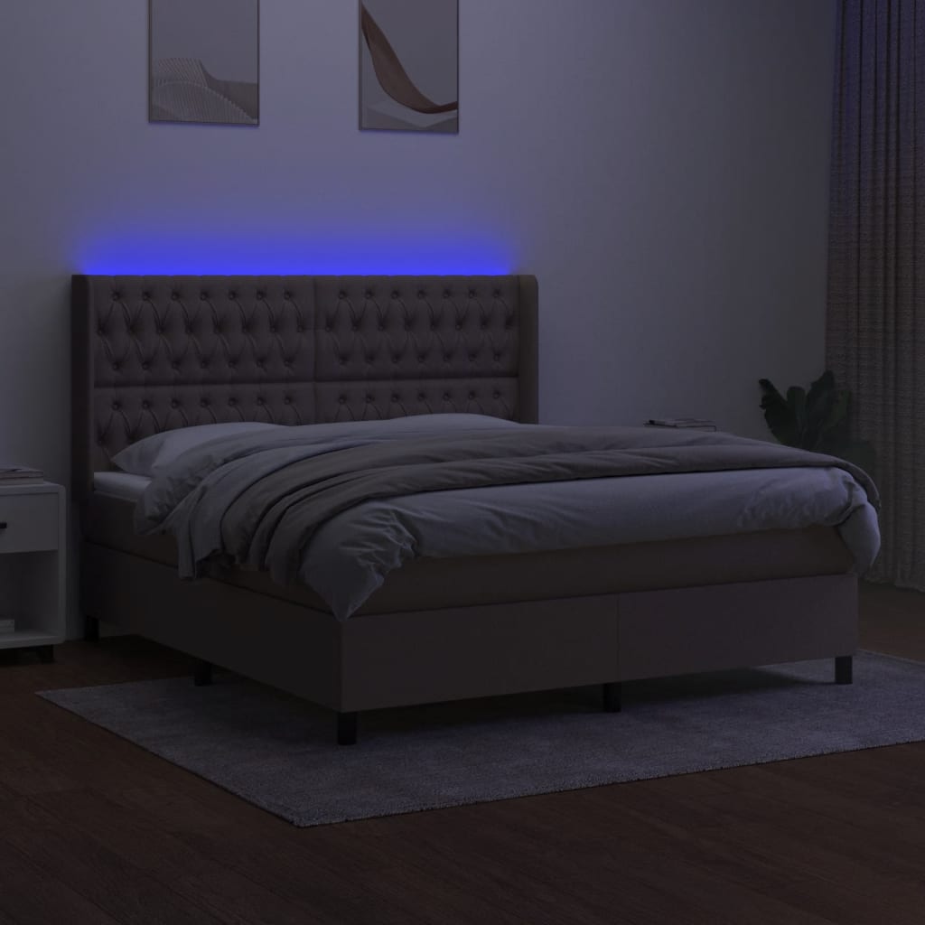 vidaXL Pat cu arcuri, saltea și LED, gri taupe, 180x200 cm, textil