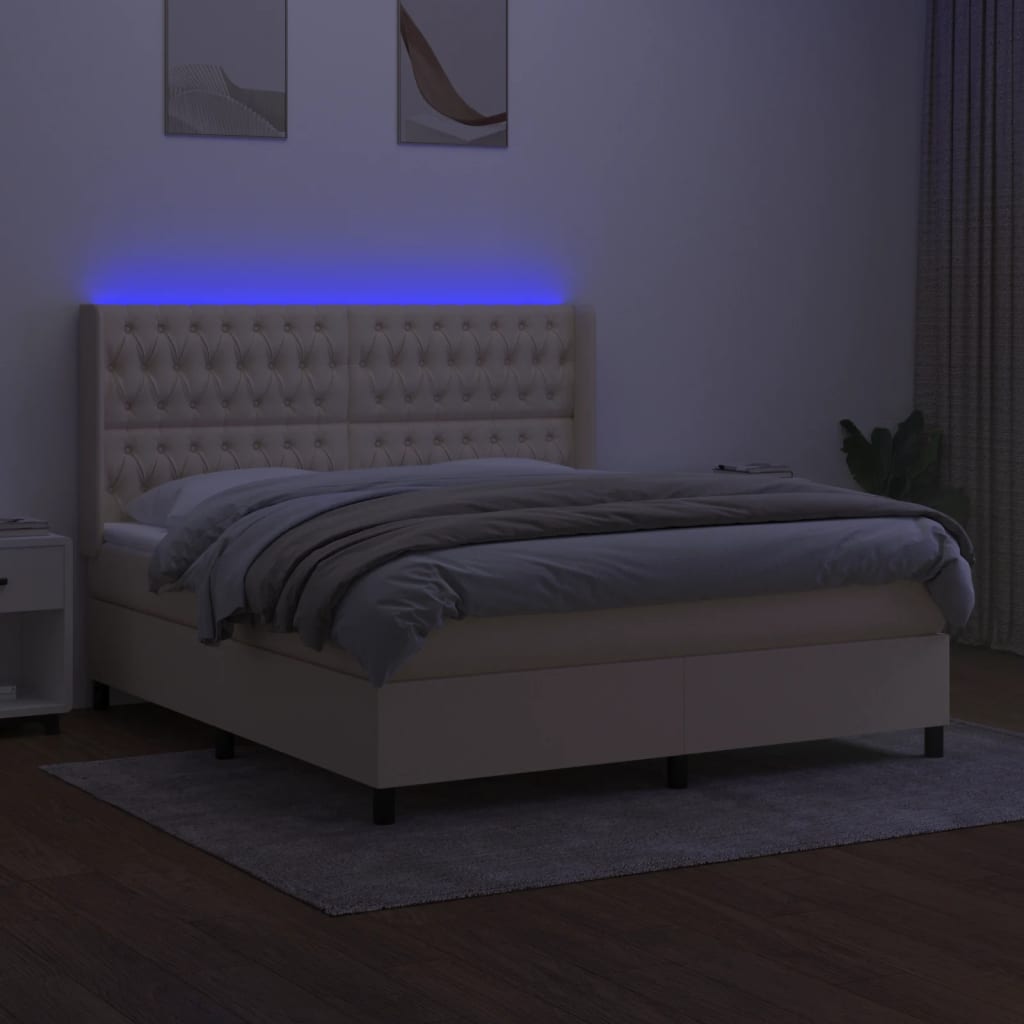 vidaXL Pat cu arcuri, saltea și LED, crem, 180x200 cm, textil