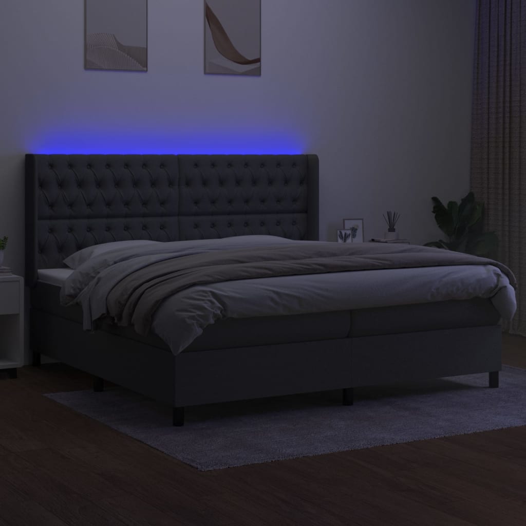 vidaXL Pat cu arcuri, saltea și LED, gri închis, 200x200 cm, textil