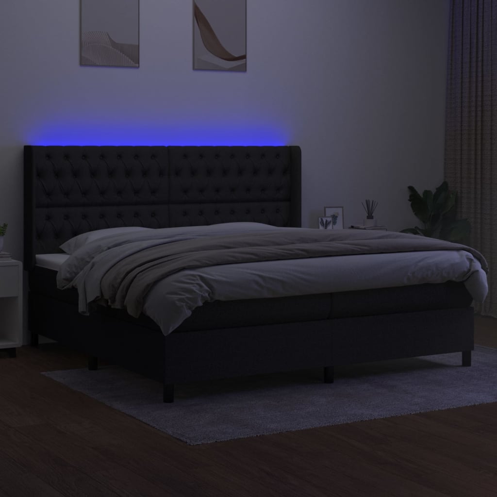 vidaXL Pat cu arcuri, saltea și LED, negru, 200x200 cm, textil