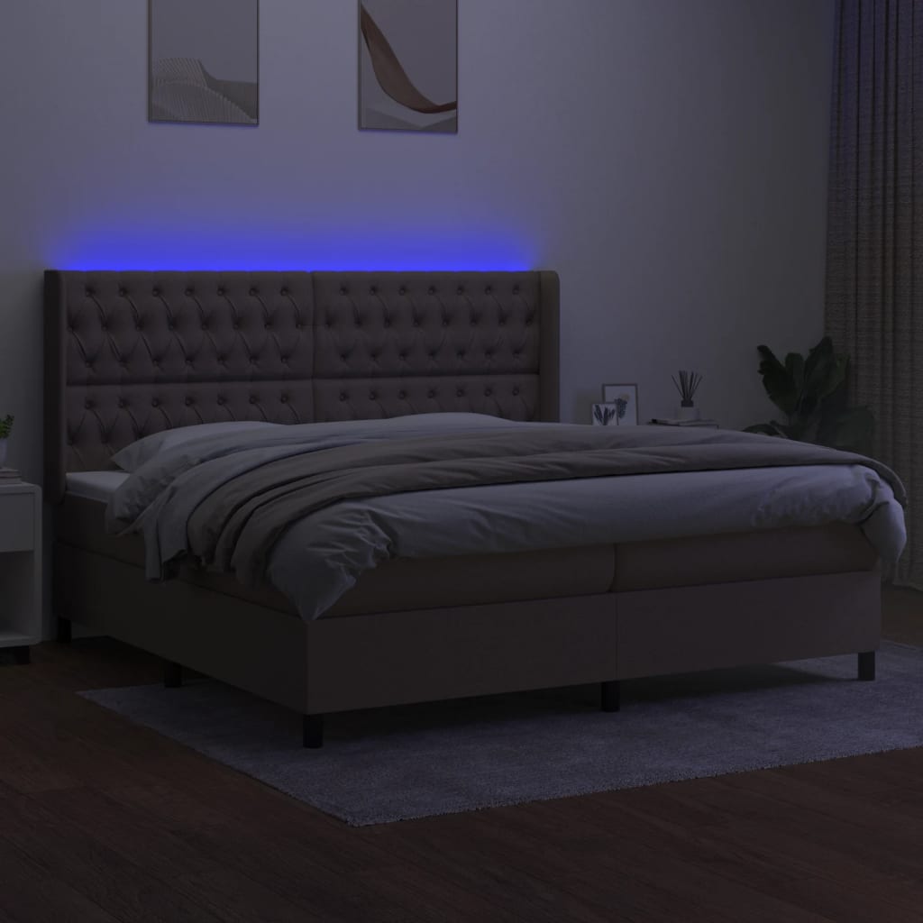 vidaXL Pat cu arcuri, saltea și LED, gri taupe, 200x200 cm, textil