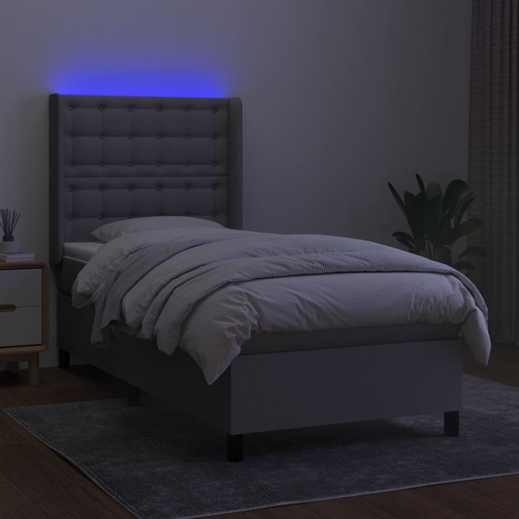 vidaXL Pat cu arcuri, saltea și LED, gri deschis, 90x200 cm, textil