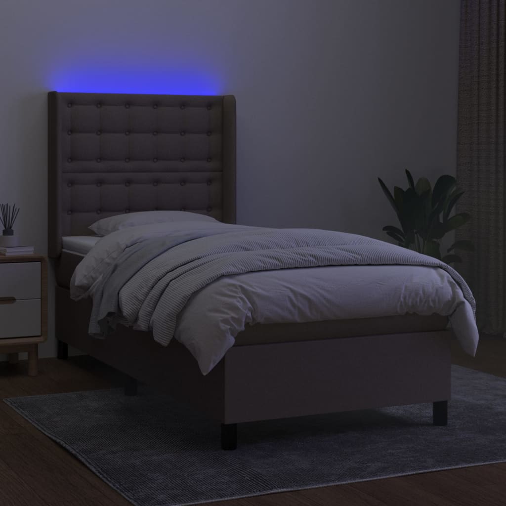 vidaXL Pat cu arcuri, saltea și LED, gri taupe, 90x200 cm, textil