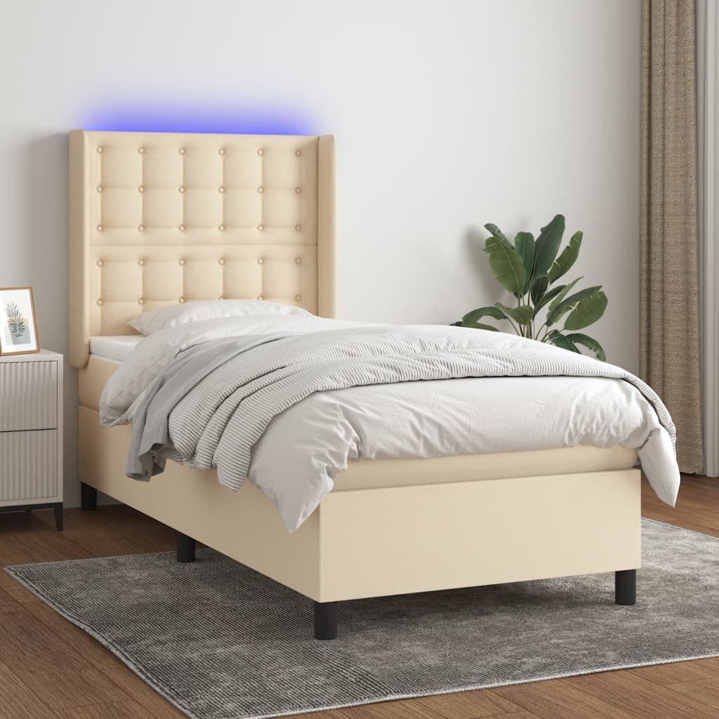 vidaXL Pat cu arcuri, saltea și LED, crem, 90x200 cm, textil vidaXL Pat cu arcuri, saltea și LED, crem, 90x200 cm, textil