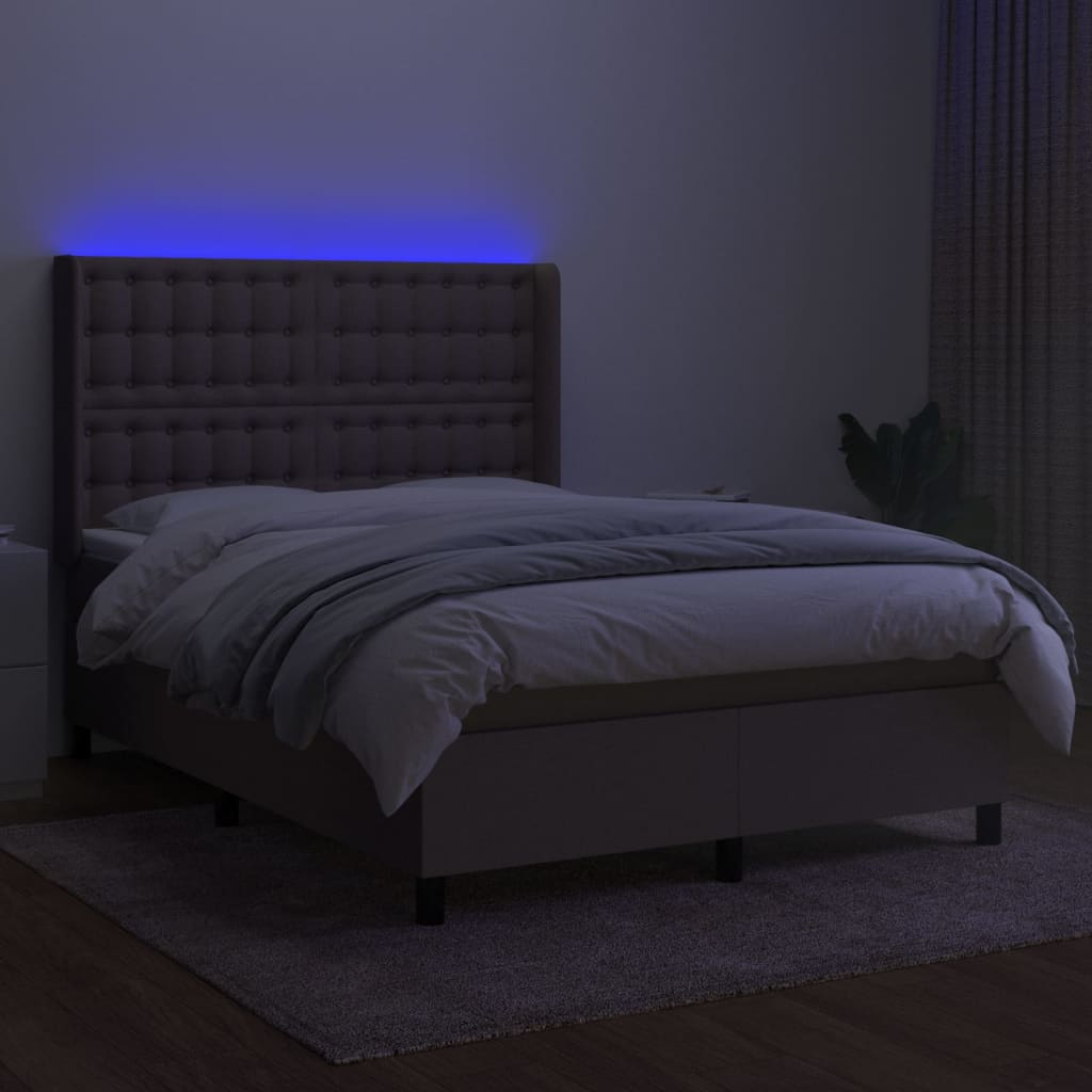 vidaXL Pat cu arcuri, saltea și LED, gri taupe, 140x190 cm, textil vidaXL Pat cu arcuri, saltea și LED, gri taupe, 140x190 cm, textil