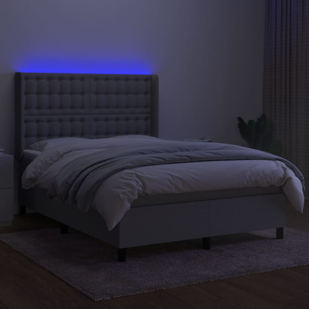 vidaXL Pat cu arcuri, saltea și LED, gri deschis, 140x200 cm, textil