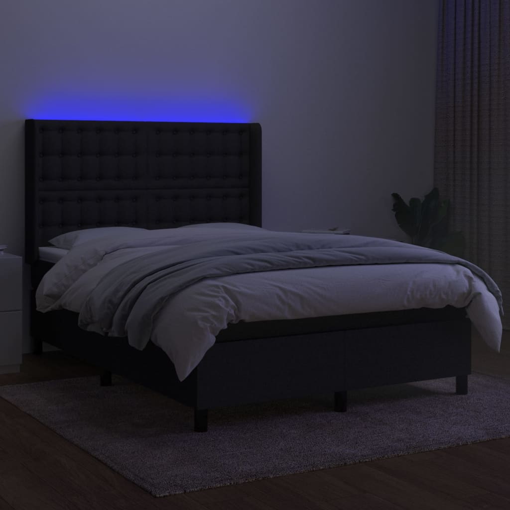vidaXL Pat cu arcuri, saltea și LED, negru, 140x200 cm, textil