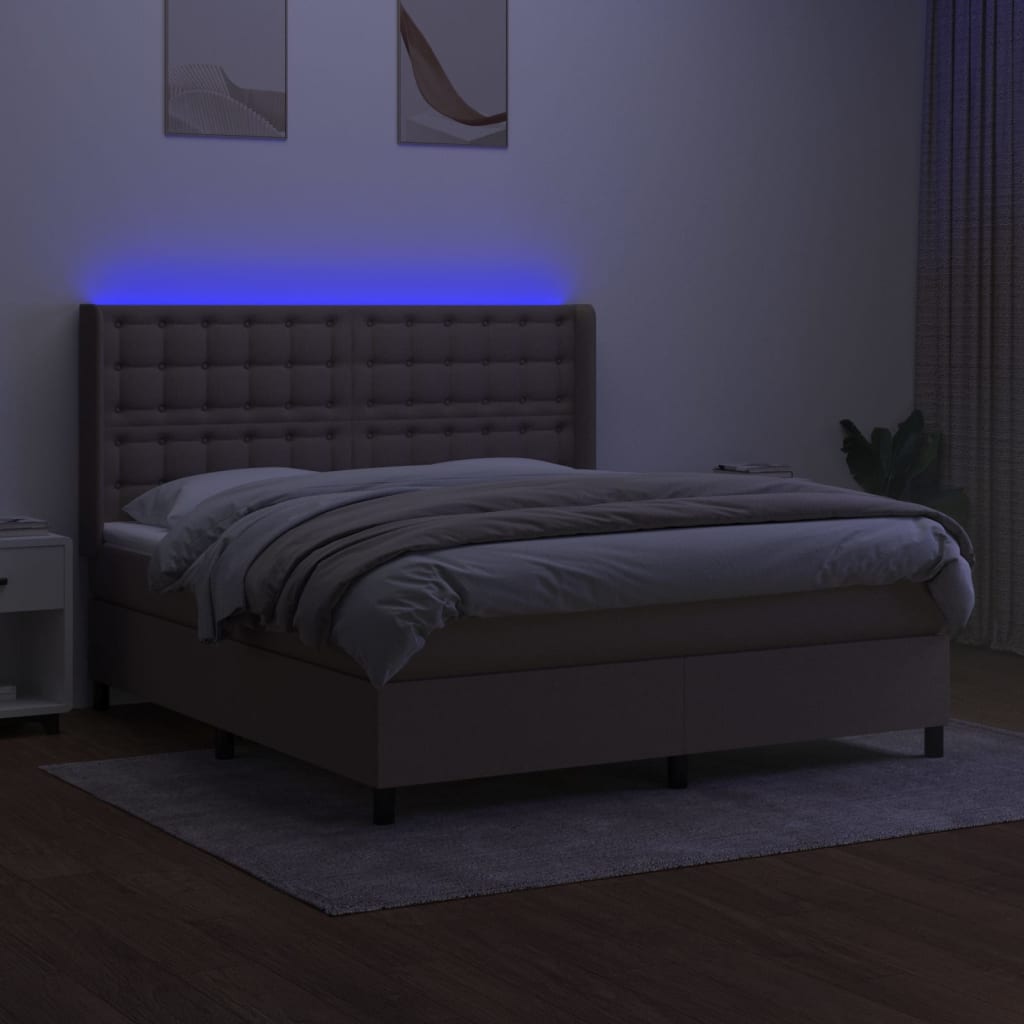 vidaXL Pat cu arcuri, saltea și LED, gri taupe, 180x200 cm, textil