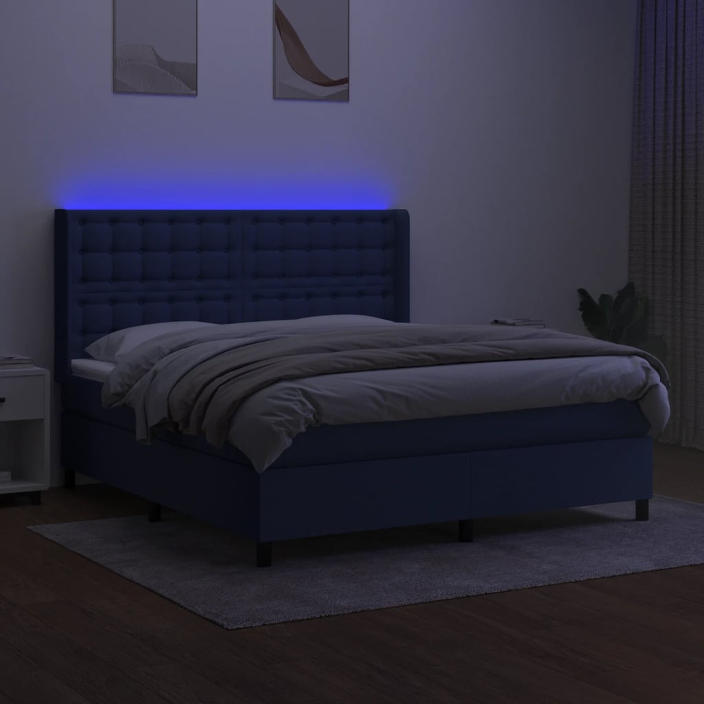 vidaXL Pat cu arcuri, saltea și LED, albastru, 180x200 cm, textil