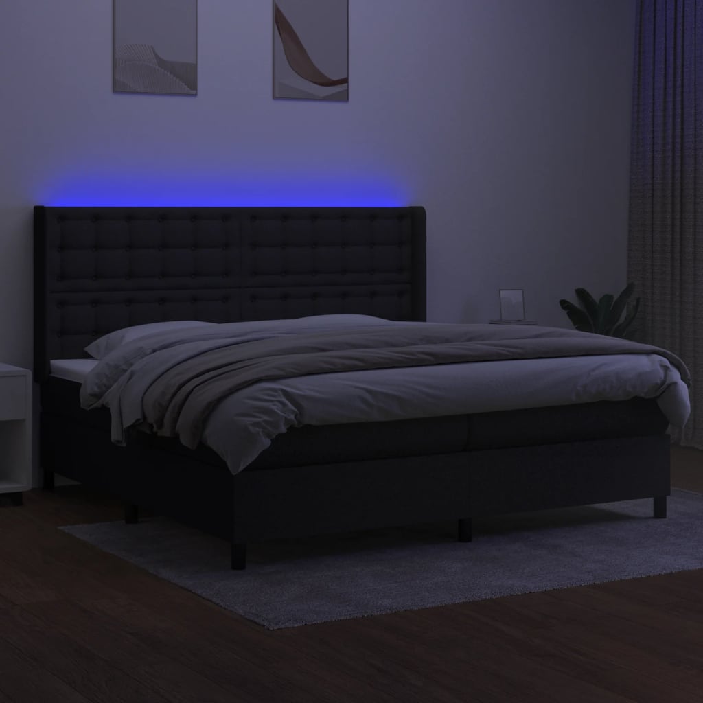 vidaXL Pat cu arcuri, saltea și LED, negru, 200x200 cm, textil