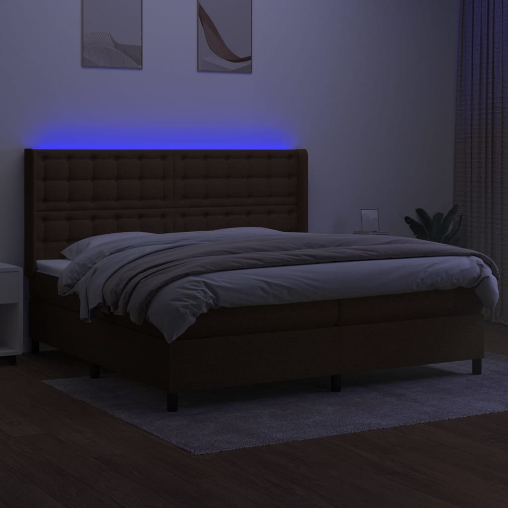 vidaXL Pat cu arcuri, saltea și LED, maro închis, 200x200 cm, textil