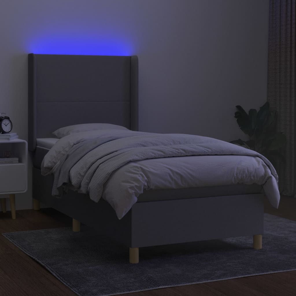 vidaXL Pat cu arcuri, saltea și LED, gri deschis, 90x190 cm, textil