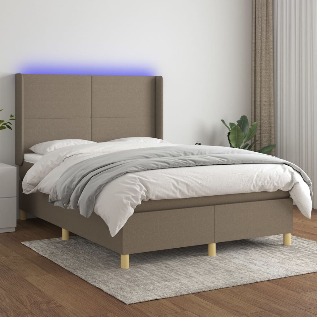 vidaXL Pat cu arcuri, saltea și LED, gri taupe, 140x190 cm, textil vidaXL Pat cu arcuri, saltea și LED, gri taupe, 140x190 cm, textil