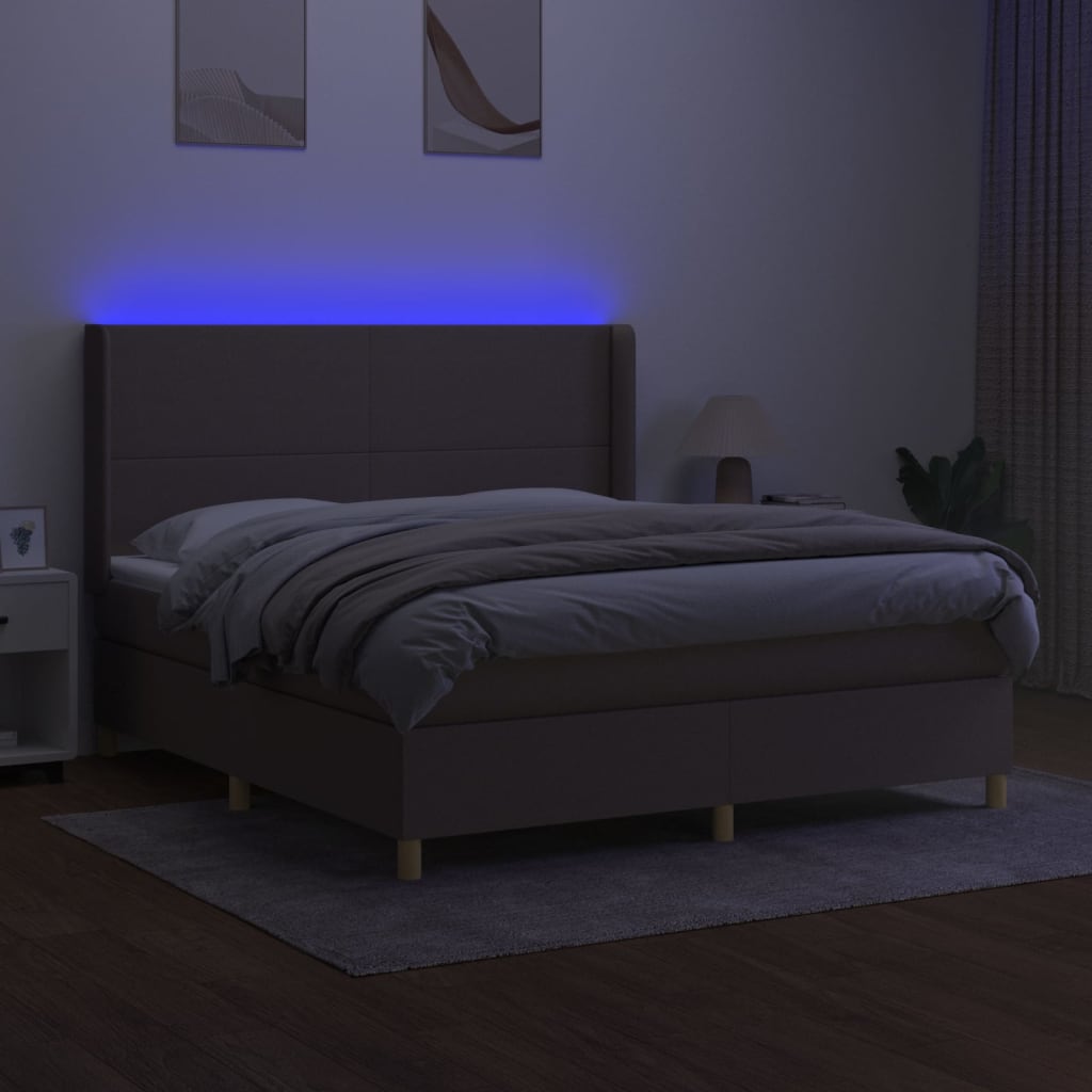vidaXL Pat cu arcuri, saltea și LED, gri taupe, 180x200 cm, textil