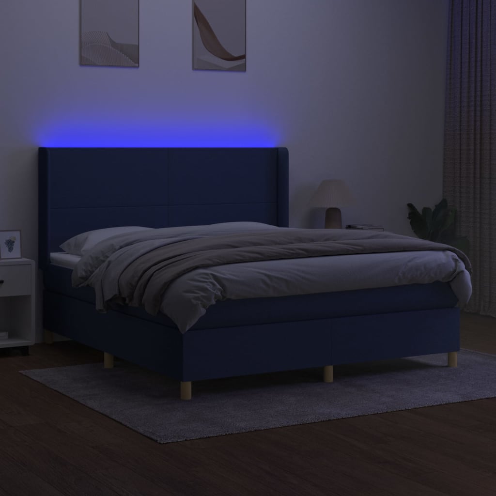 vidaXL Pat cu arcuri, saltea și LED, albastru, 180x200 cm, textil