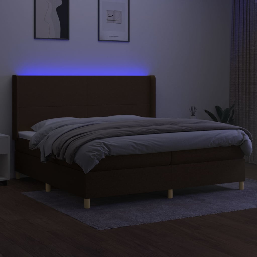 vidaXL Pat cu arcuri, saltea și LED, maro închis, 200x200 cm, textil