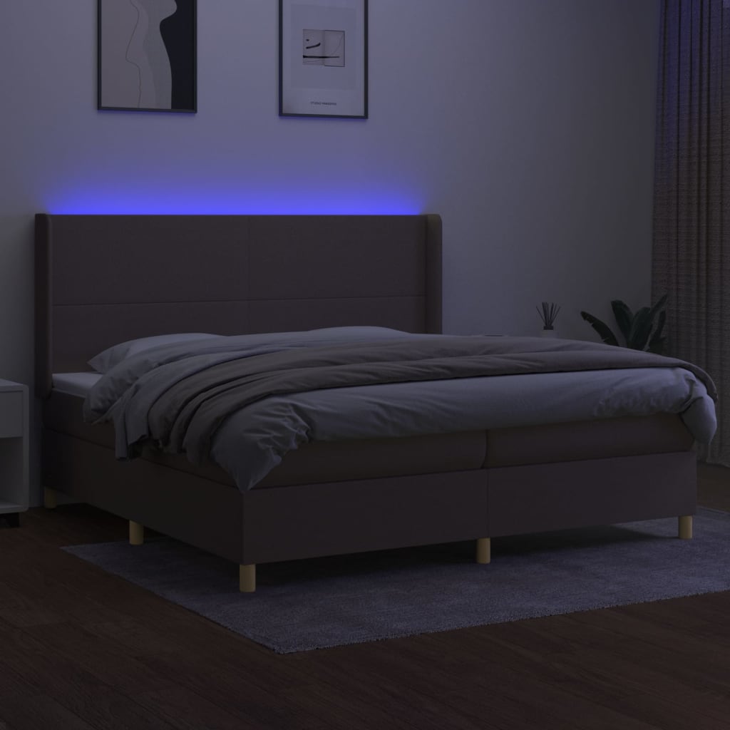 vidaXL Pat cu arcuri, saltea și LED, gri taupe, 200x200 cm, textil