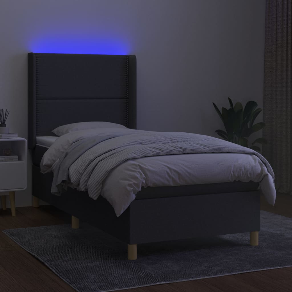 vidaXL Pat cu arcuri, saltea și LED, gri închis, 90x190 cm, textil