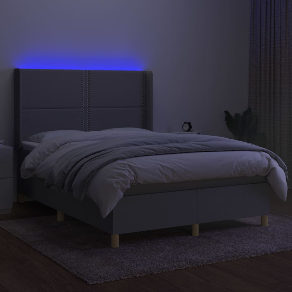 vidaXL Pat cu arcuri, saltea și LED, gri deschis, 140x200 cm, textil
