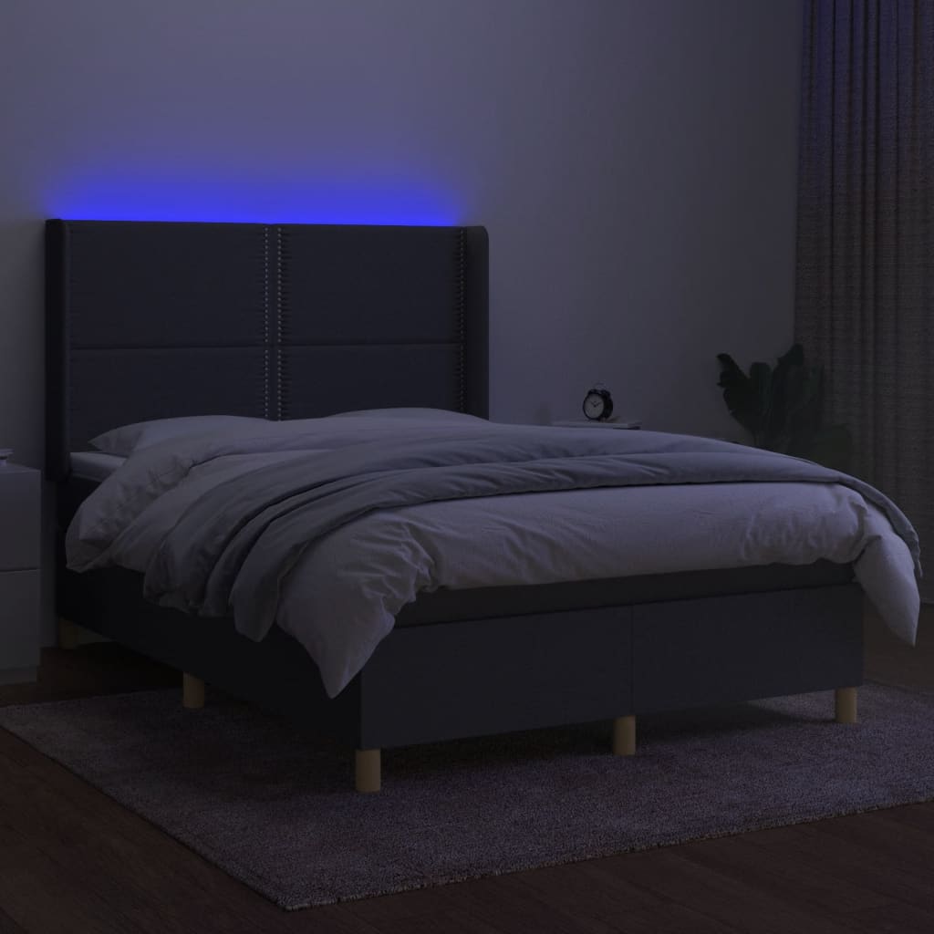 vidaXL Pat cu arcuri, saltea și LED, gri închis, 140x200 cm, textil