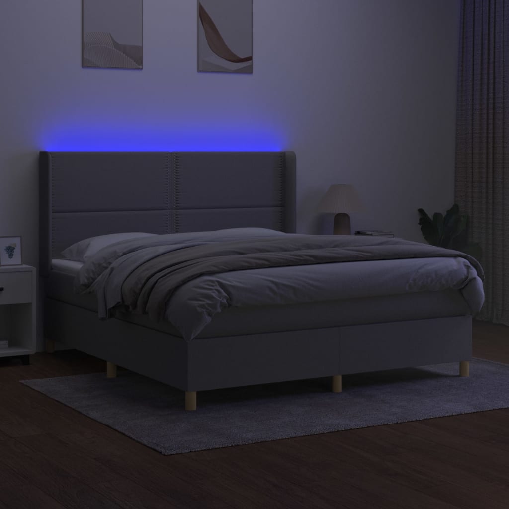 vidaXL Pat cu arcuri, saltea și LED, gri deschis, 180x200 cm, textil
