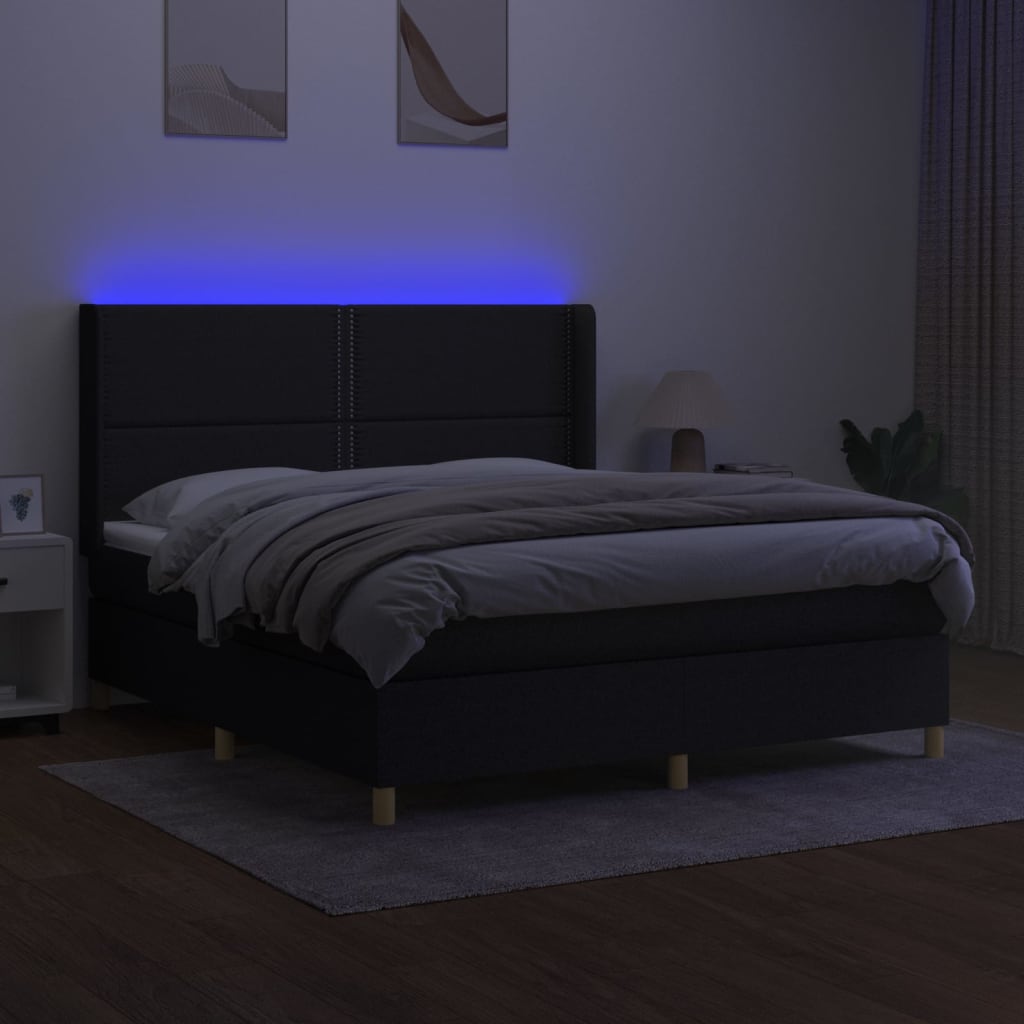 vidaXL Pat cu arcuri, saltea și LED, negru, 180x200 cm, textil vidaXL Pat cu arcuri, saltea și LED, negru, 180x200 cm, textil
