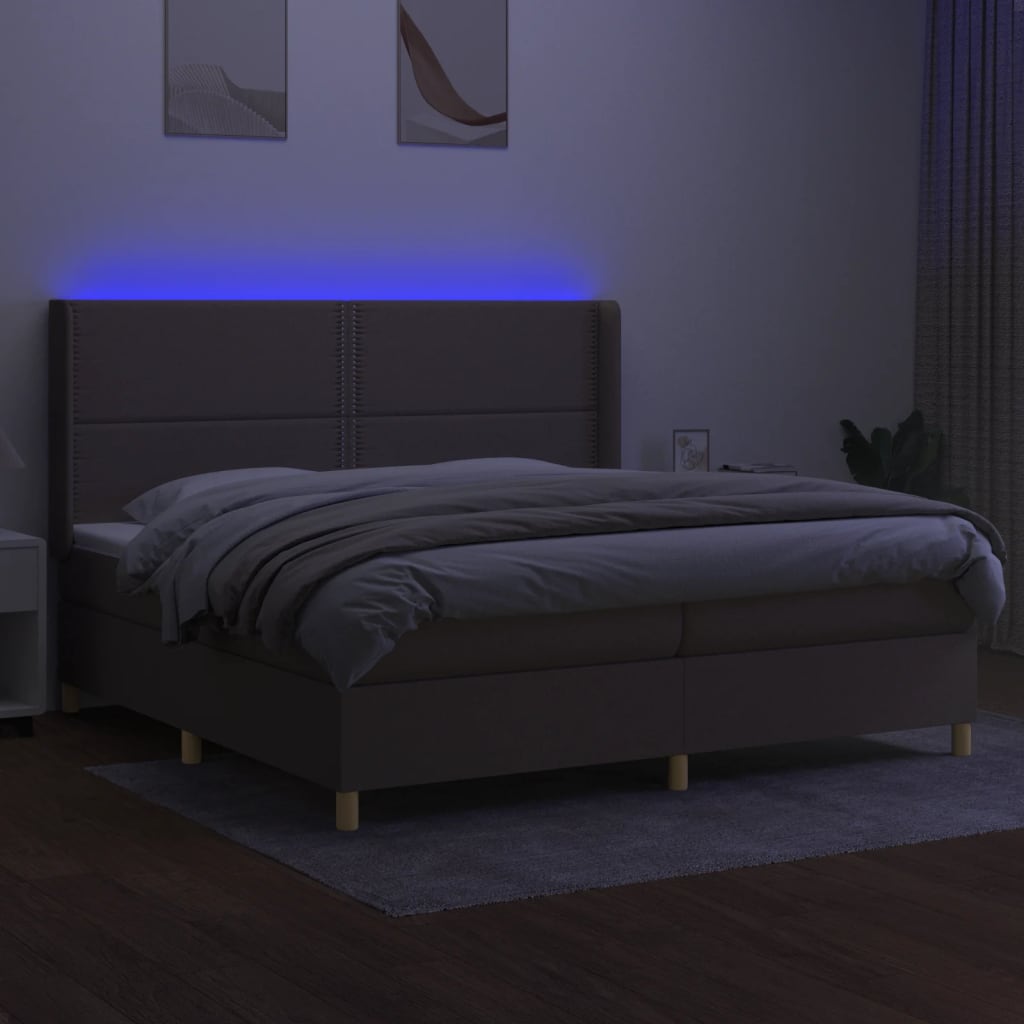 vidaXL Pat cu arcuri, saltea și LED, gri taupe, 200x200 cm, textil