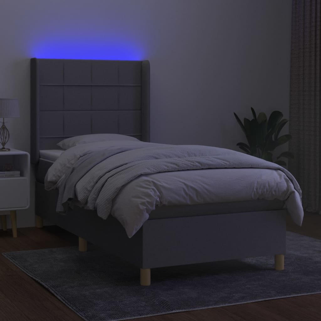 vidaXL Pat cu arcuri, saltea și LED, gri deschis, 90x190 cm, textil