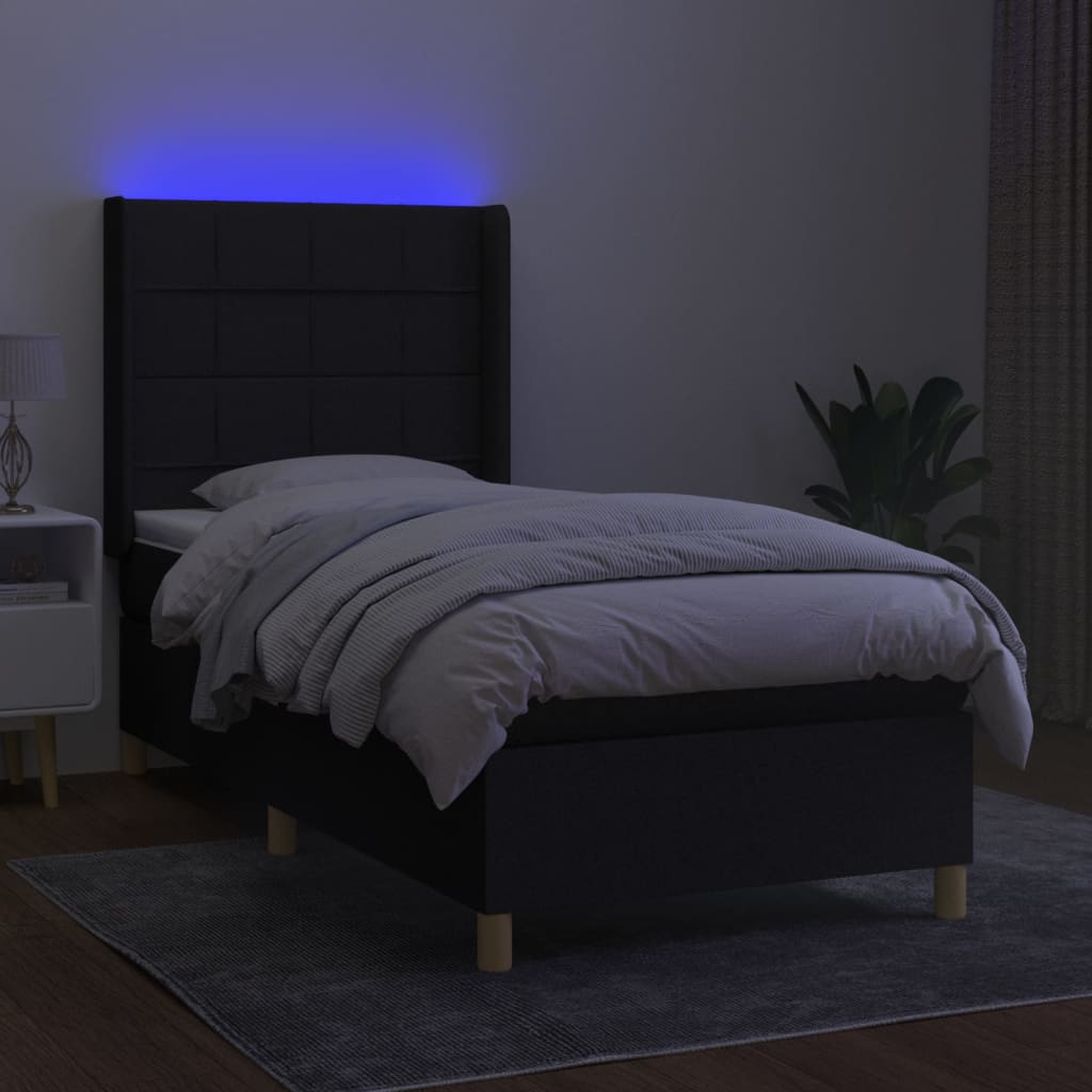 vidaXL Pat cu arcuri, saltea și LED, negru, 90x190 cm, textil