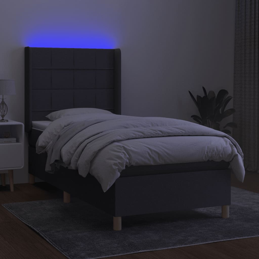 vidaXL Pat cu arcuri, saltea și LED, gri închis, 90x200 cm, textil
