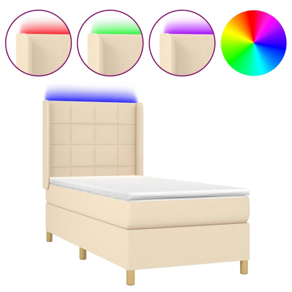 vidaXL Pat cu arcuri, saltea și LED, crem, 90x200 cm, textil vidaXL Pat cu arcuri, saltea și LED, crem, 90x200 cm, textil