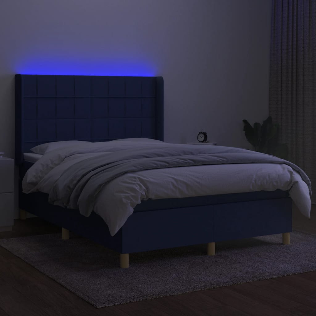 vidaXL Pat cu arcuri, saltea și LED, albastru, 140x200 cm, textil