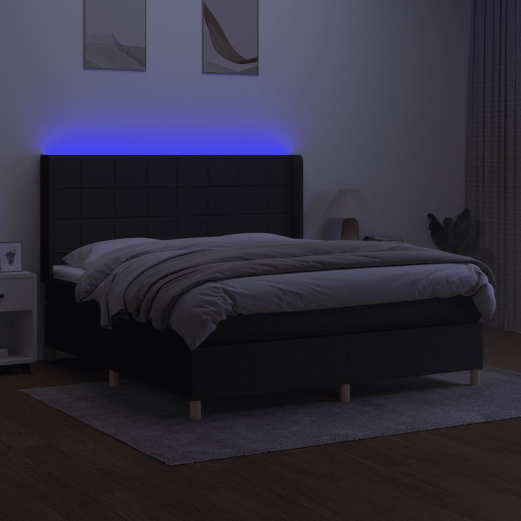 vidaXL Pat cu arcuri, saltea și LED, negru, 180x200 cm, textil