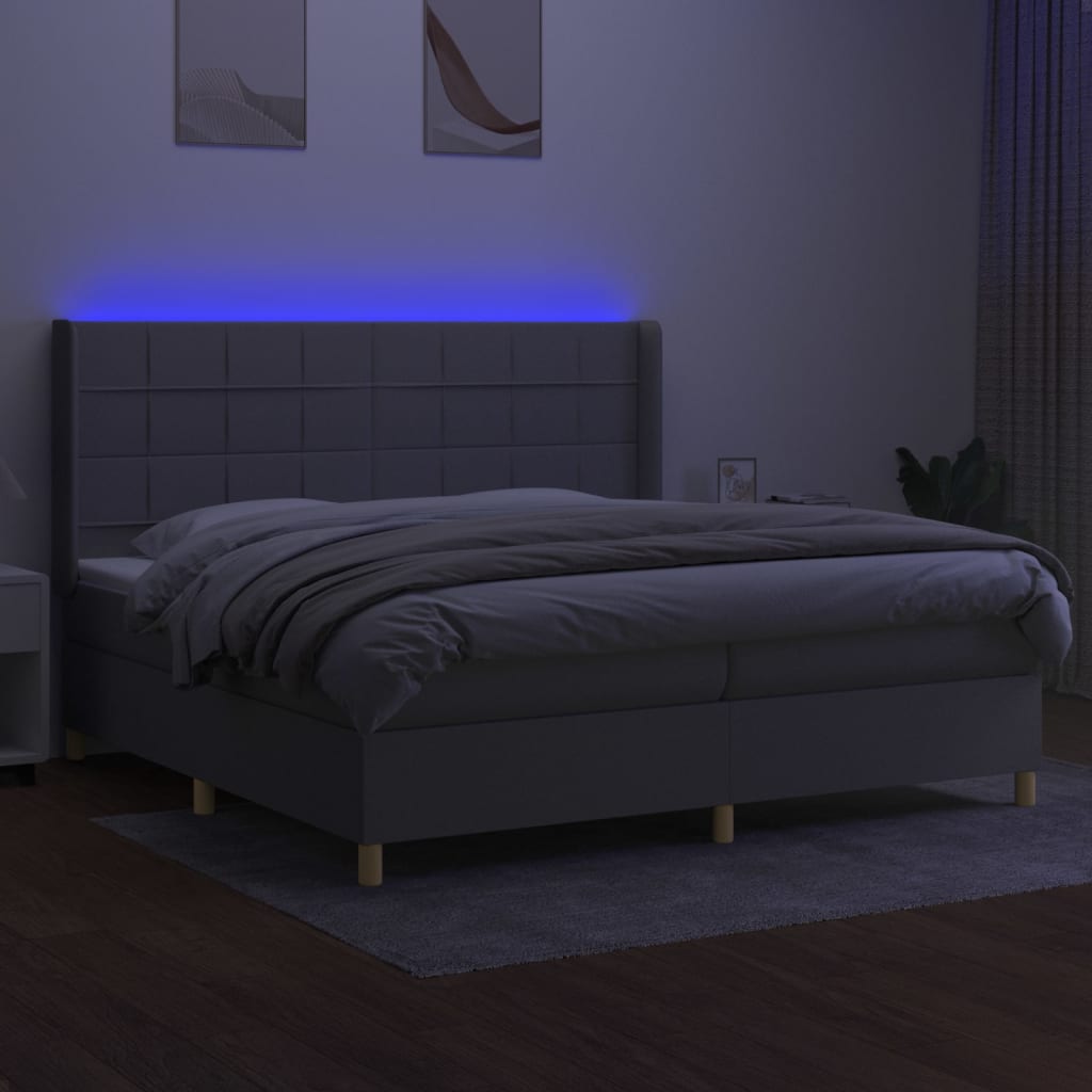vidaXL Pat cu arcuri, saltea și LED, gri deschis, 200x200 cm, textil