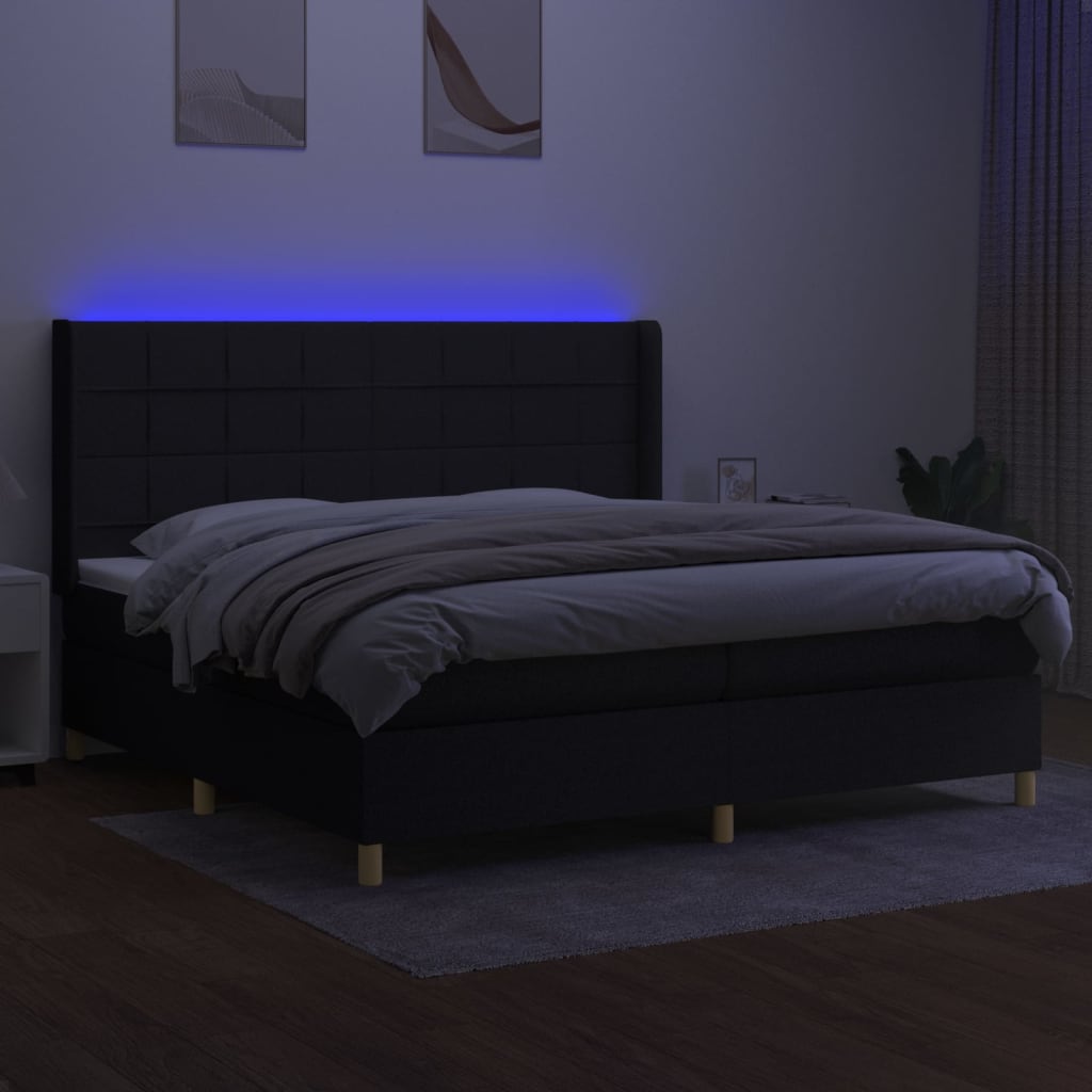 vidaXL Pat cu arcuri, saltea și LED, negru, 200x200 cm, textil vidaXL Pat cu arcuri, saltea și LED, negru, 200x200 cm, textil