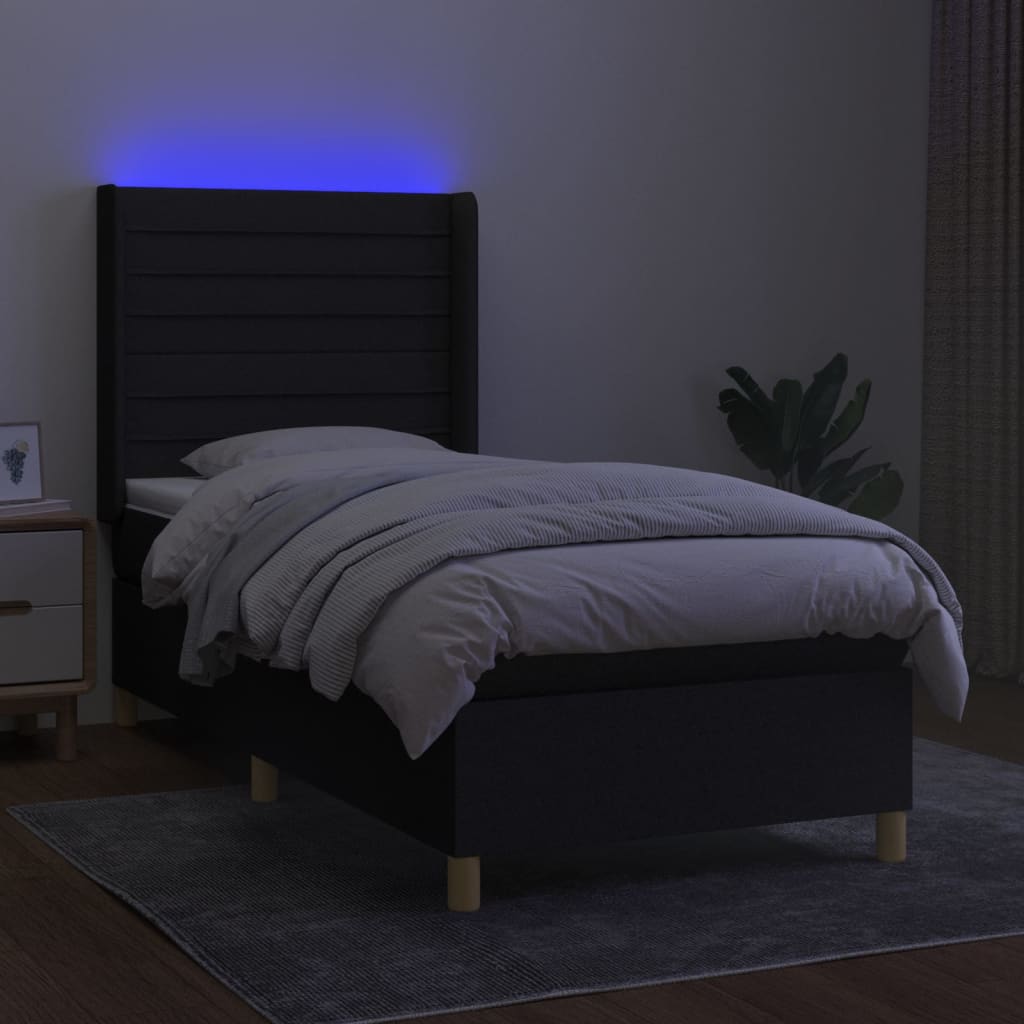 vidaXL Pat cu arcuri, saltea și LED, negru, 90x200 cm, textil