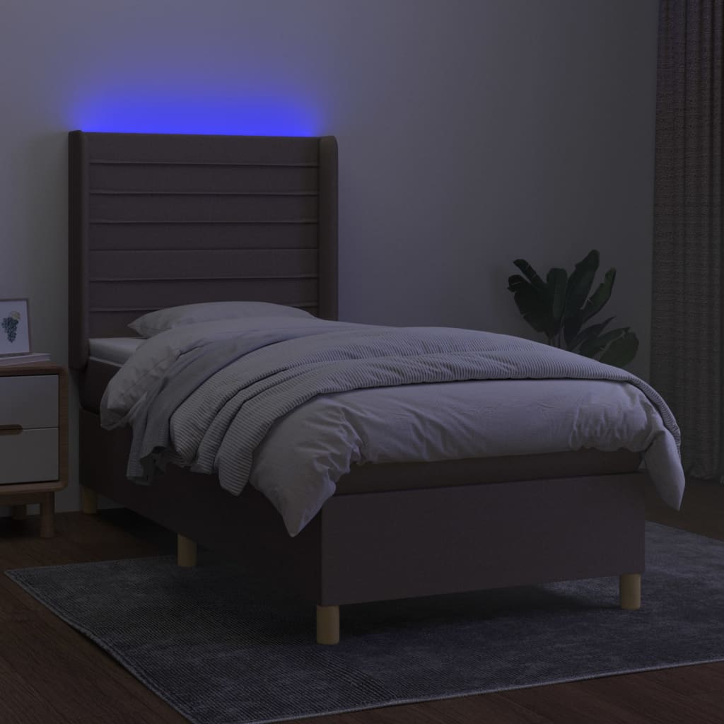 vidaXL Pat cu arcuri, saltea și LED, gri taupe, 90x200 cm, textil