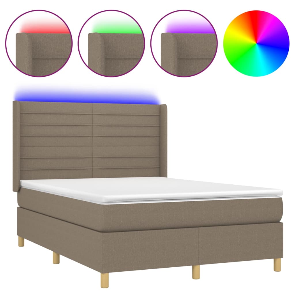 vidaXL Pat cu arcuri, saltea și LED, gri taupe, 140x190 cm, textil vidaXL Pat cu arcuri, saltea și LED, gri taupe, 140x190 cm, textil