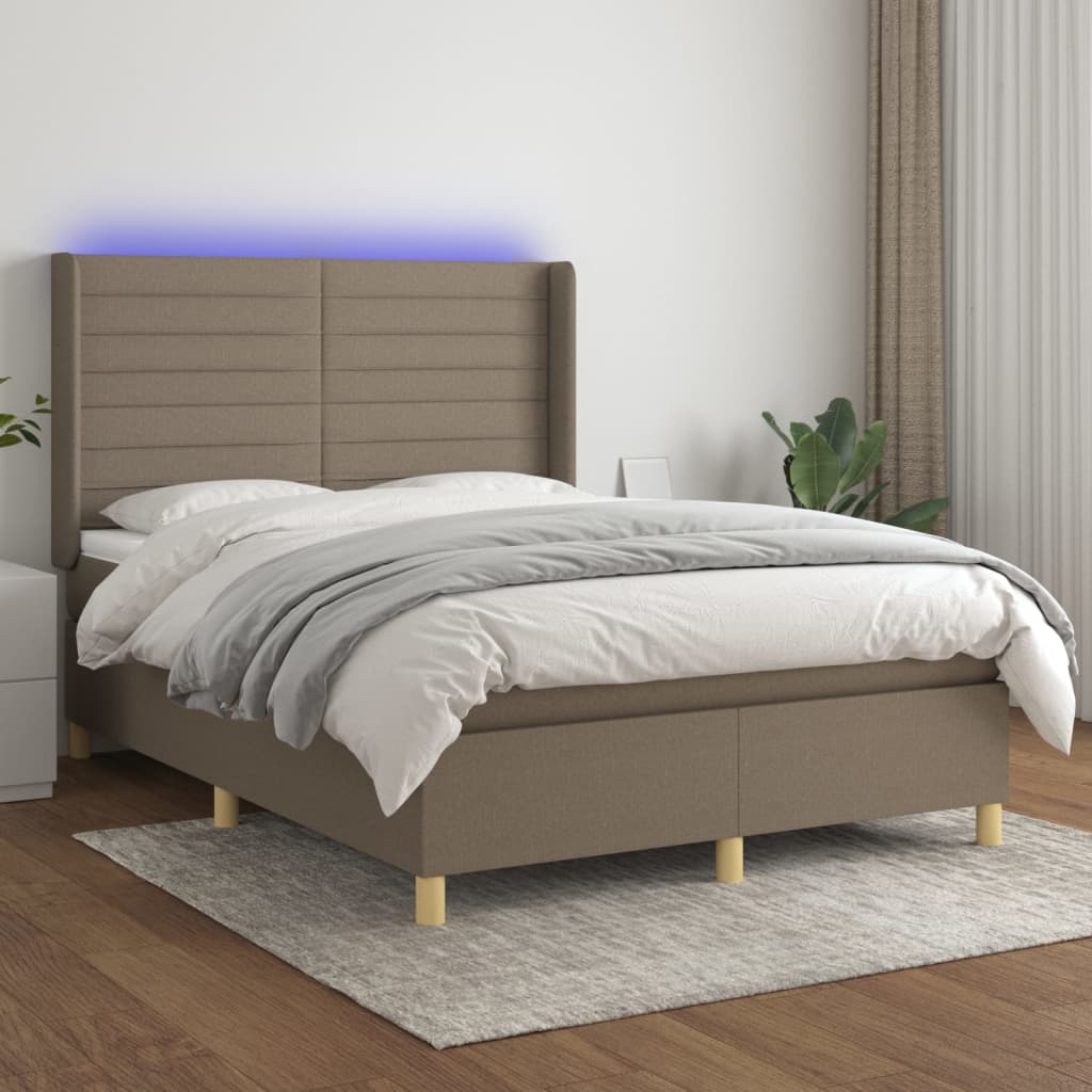 vidaXL Pat cu arcuri, saltea și LED, gri taupe, 140x190 cm, textil vidaXL Pat cu arcuri, saltea și LED, gri taupe, 140x190 cm, textil