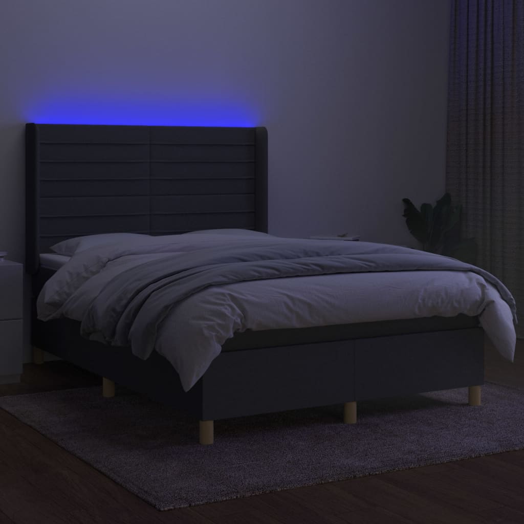 vidaXL Pat cu arcuri, saltea și LED, gri închis, 140x200 cm, textil