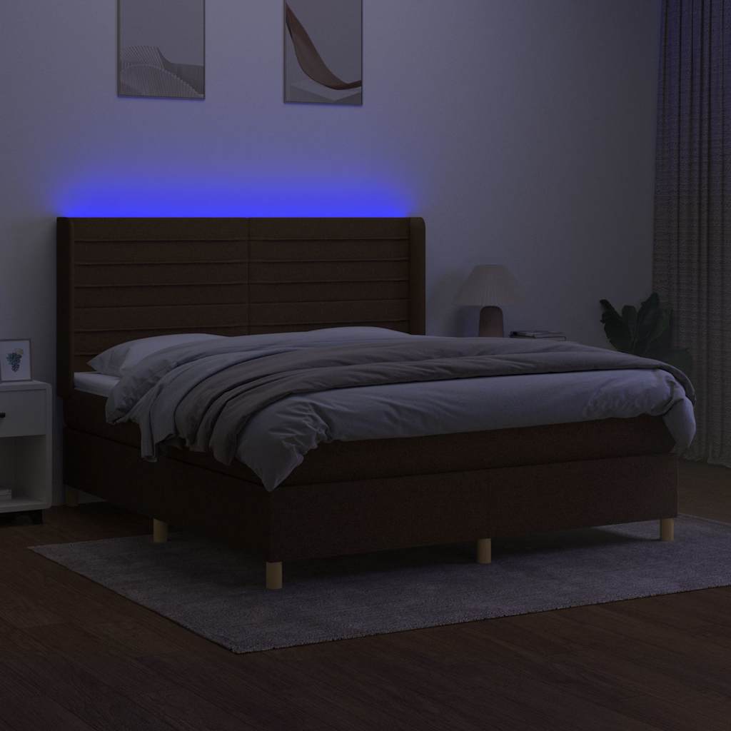 vidaXL Pat cu arcuri, saltea și LED, maro închis, 180x200 cm, textil