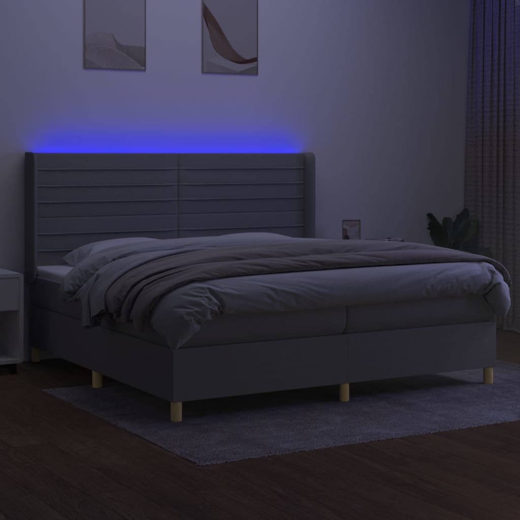vidaXL Pat cu arcuri, saltea și LED, gri deschis, 200x200 cm, textil