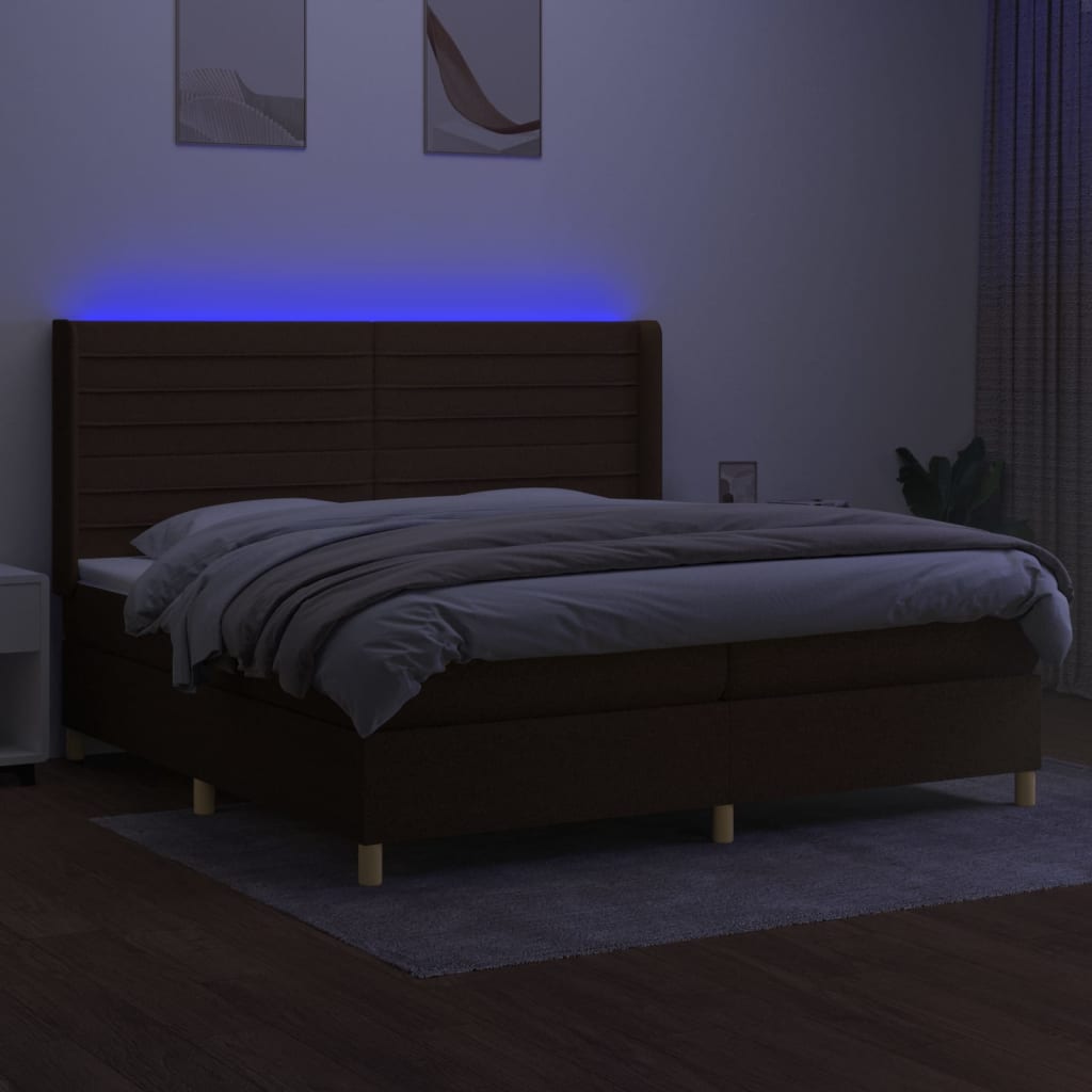 vidaXL Pat cu arcuri, saltea și LED, maro închis, 200x200 cm, textil