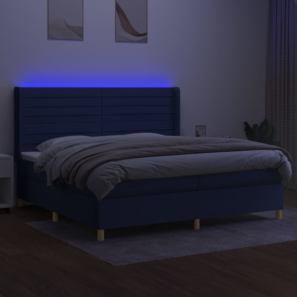 vidaXL Pat cu arcuri, saltea și LED, albastru, 200x200 cm, textil