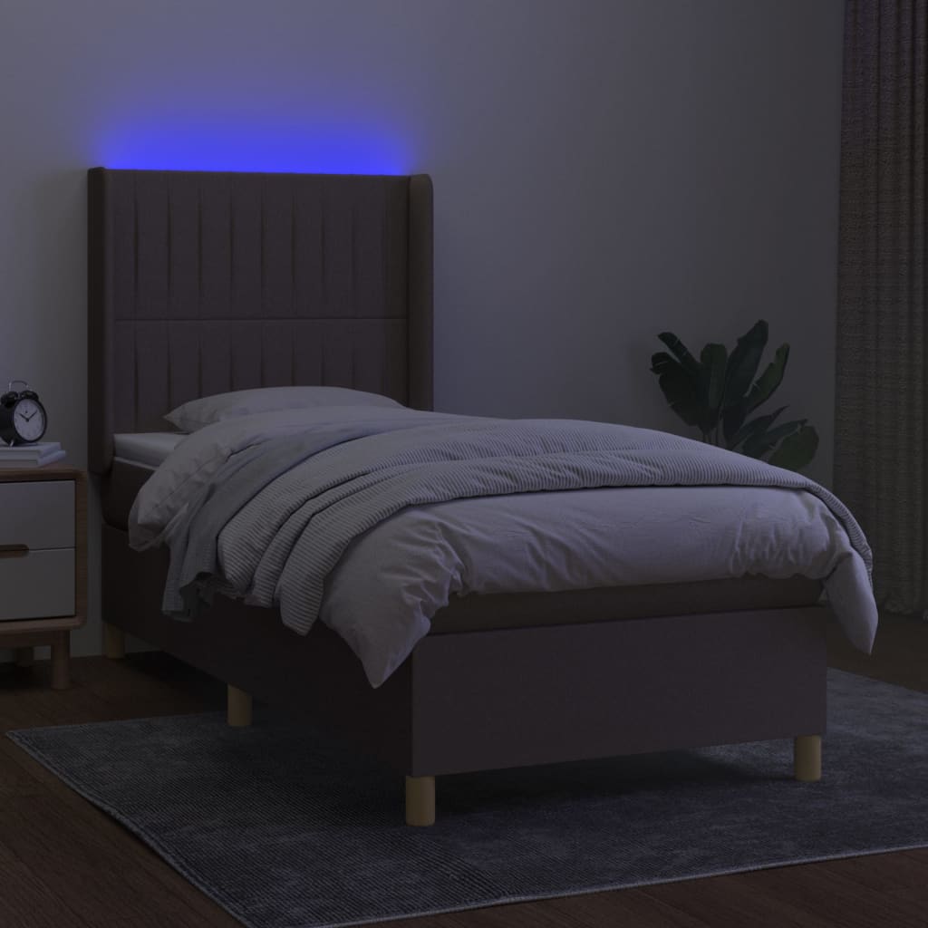 vidaXL Pat cu arcuri, saltea și LED, gri taupe, 90x200 cm, textil
