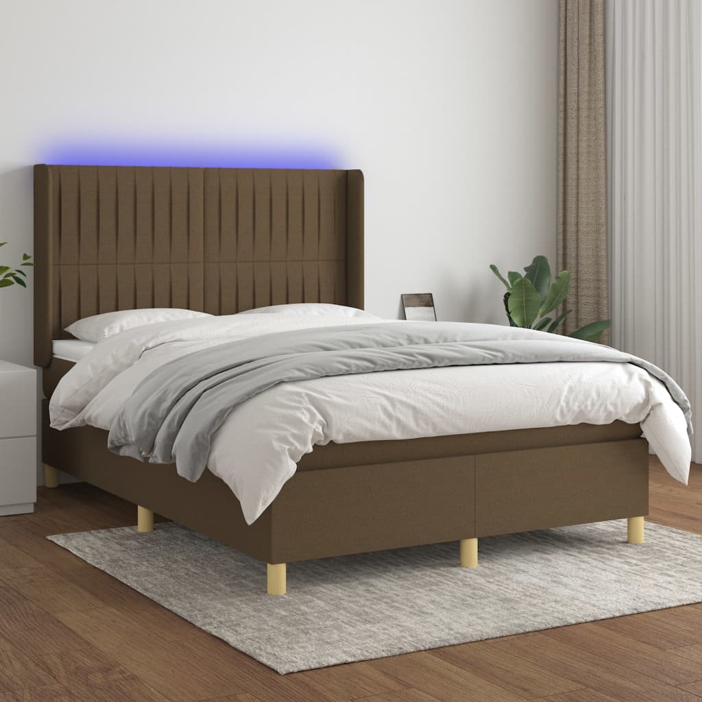 vidaXL Pat cu arcuri, saltea și LED, maro închis, 140x190 cm, textil vidaXL Pat cu arcuri, saltea și LED, maro închis, 140x190 cm, textil