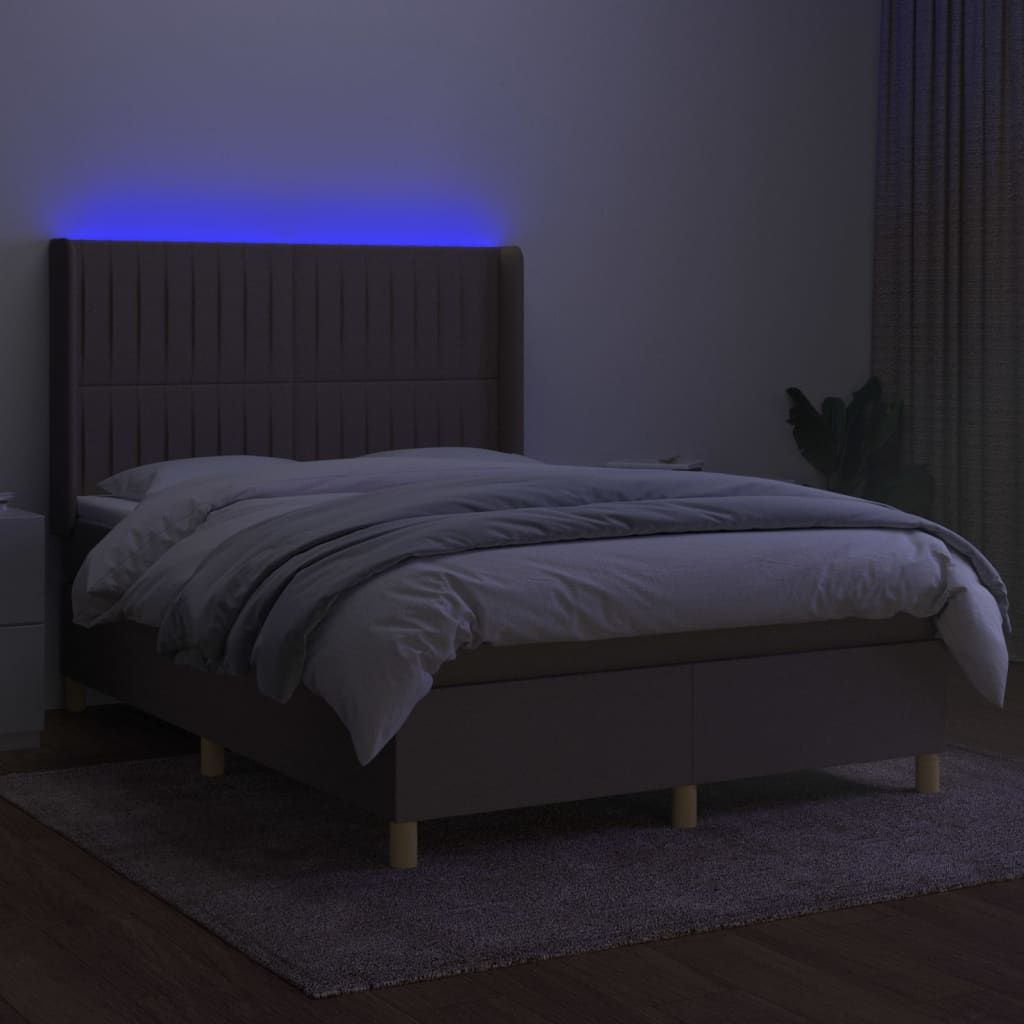 vidaXL Pat cu arcuri, saltea și LED, gri taupe, 140x190 cm, textil